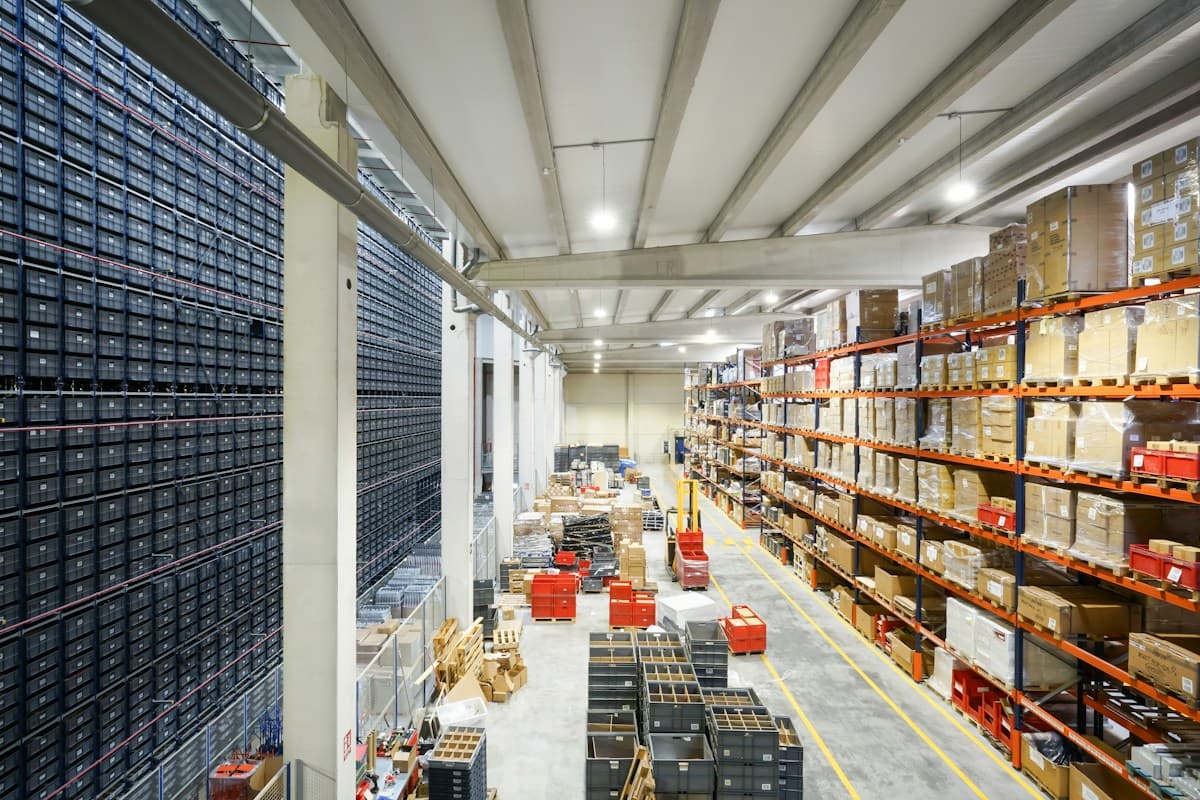 Industrial distribution warehouse with stocked pallet racking