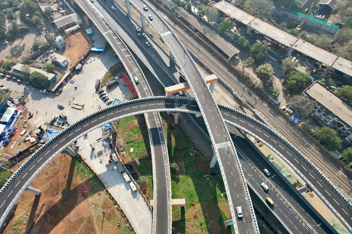 Aerial view of a multi-directional highway interchange in Mumbai, India